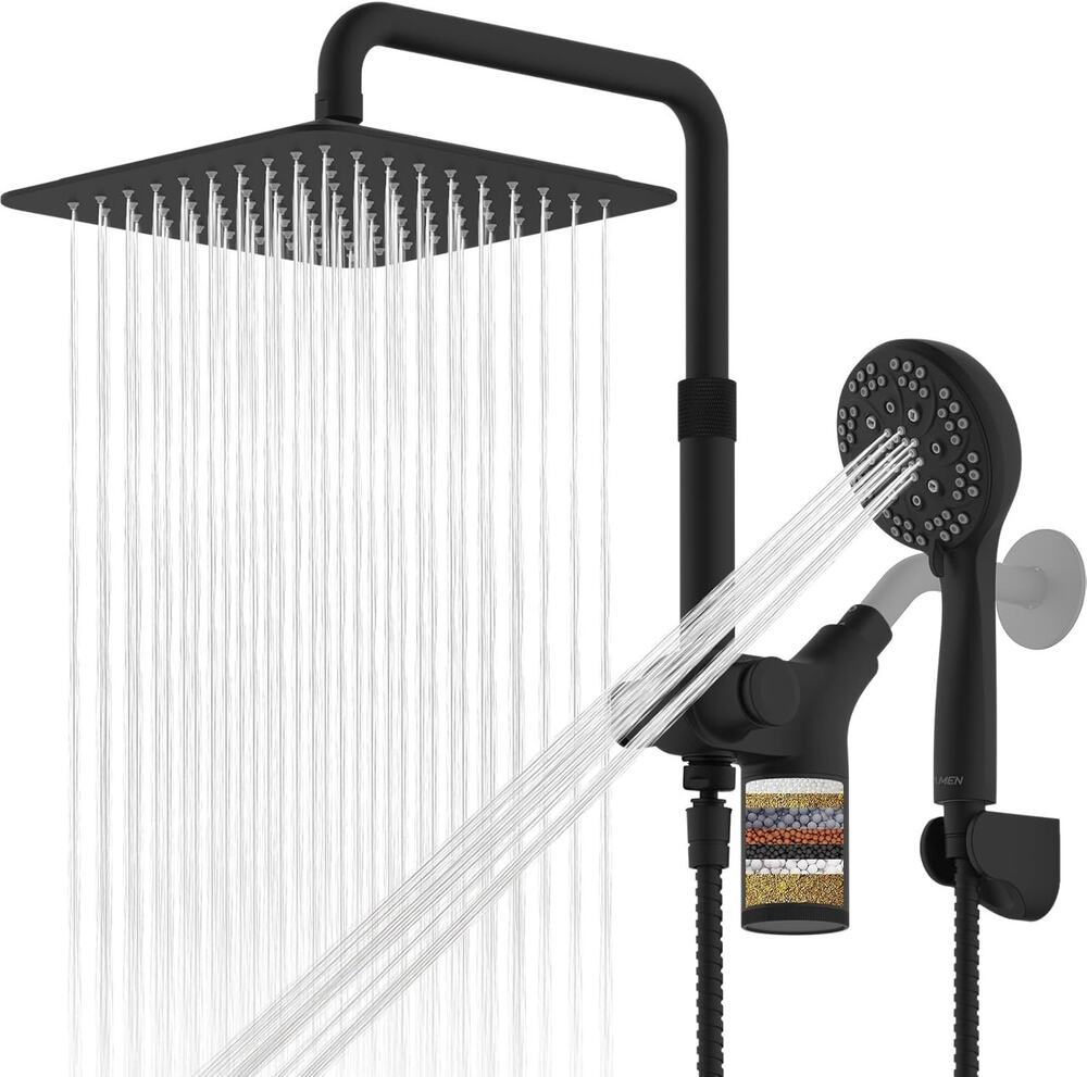 Black Upgraded Dual Shower Heads Combo 10 Inch Filtered Head Handheld 3 Way NEW